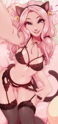 Rule 34 | 1girl, :d, animal ears, arm up, bell, belle delphine (character), black bra, black eyes, black panties, black ribbon, black thighhighs, bra, breasts, cat ears, cat tail, cleavage, fake animal ears, garter belt, hair bell, hair ornament, highres, lace, lace-trimmed thighhighs, large breasts, lingerie, long hair, looking at viewer, merunyaa, navel, neck ribbon, open mouth, panties, pink hair, reaching, reaching towards viewer, real life, ribbon, shiny skin, smile, solo, stomach, tail, teeth, thighhighs, tongue, tongue out, underwear, upper teeth only