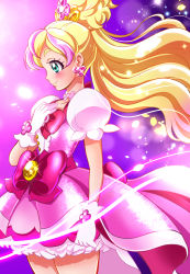 Rule 34 | 1girl, absurdres, aqua eyes, bad id, bad pixiv id, blonde hair, blush, bow, cowboy shot, cure flora, earrings, eyebrows, flower earrings, gloves, go! princess precure, hand on own chest, haruno haruka, highres, jewelry, long hair, magical girl, multicolored hair, petals, pink bow, pink hair, pink skirt, precure, profile, puffy sleeves, purple background, sharumon, skirt, smile, solo, standing, streaked hair, thick eyebrows, two-tone hair, waist bow, white gloves