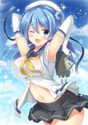 Rule 34 | 10s, 1girl, :d, ;d, armpits, arms up, bare shoulders, black skirt, blue hair, blue sky, breasts, cowboy shot, day, double bun, elbow gloves, gloves, hair between eyes, hair bun, hat, hat ribbon, kantai collection, large breasts, looking at viewer, midriff, navel, neckerchief, one eye closed, open mouth, outdoors, pleated skirt, ribbon, sailor collar, sailor hat, school uniform, serafuku, skirt, sky, sleeves rolled up, smile, solo, tomoo (tomo), urakaze (kancolle), white gloves, white hat, yellow neckerchief