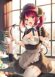 Rule 34 | 1girl, :d, absurdres, apron, black dress, blurry, blurry foreground, blush, book, breasts, cleavage, collar, commentary, cup, curled horns, curtains, demon girl, demon horns, demon tail, depth of field, detached collar, dress, english commentary, fang, food, frilled apron, frills, garter straps, hair ornament, hairclip, highres, holding, holding cup, horns, long hair, looking at viewer, macaron, maid, maid headdress, medium breasts, midorikawa you, mole, mole on breast, open mouth, original, photoshop (medium), puffy short sleeves, puffy sleeves, purple eyes, red hair, short sleeves, smile, solo, tail, teacup, teapot, tiered tray, twintails, waist apron, white apron, white collar, white legwear, window, wing collar, wrist cuffs, x hair ornament