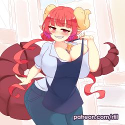 Rule 34 | 1girl, apron, between breasts, blue apron, blue pants, blush, breasts, commentary, curly hair, denim, dragon girl, dragon tail, english commentary, grin, horns, huge breasts, ilulu (maidragon), jeans, kobayashi-san chi no maidragon, long hair, looking at viewer, low twintails, pants, pointy ears, red eyes, red hair, rtil, sharp teeth, shirt, shortstack, smile, solo, tail, teeth, twintails, very long hair, white shirt