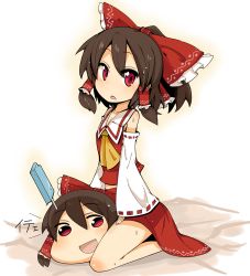 Rule 34 | 1girl, ascot, bad id, bad pixiv id, bare shoulders, between legs, bow, brown hair, detached sleeves, female focus, food, hair bow, hair tubes, hakurei reimu, highres, japanese clothes, katsudansou, miko, open mouth, popsicle, red eyes, sitting, solo, sweat, touhou, translated, yukkuri shiteitte ne