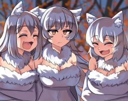 Rule 34 | 3girls, :3, :d, ^ ^, absurdres, animal ear fluff, animal ears, arms at sides, arms under breasts, bare shoulders, blurry, blurry background, blush, breasts, cleavage, closed eyes, closed mouth, empty eyes, expressionless, fang, frown, fur, fur collar, grey hair, hair between eyes, happy, highres, hinghoi, jitome, large breasts, laughing, laughing wolves, long hair, medium hair, meme, multiple girls, open mouth, orange eyes, original, personification, photo-referenced, sidelocks, smile, standing, tongue, wolf ears, wolf girl