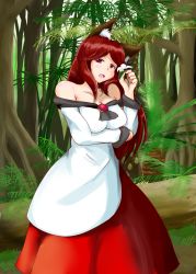 Rule 34 | 1girl, animal ears, bare shoulders, brown hair, dress, fang, flower, forest, holding, holding flower, imaizumi kagerou, long hair, nature, noku (eco), touhou, wolf ears