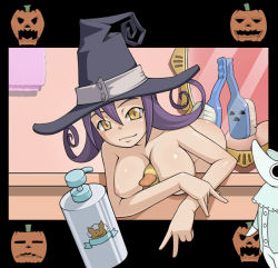 Rule 34 | 00s, 1girl, bath, bent over, between breasts, blair (soul eater), breasts, caryo, censored, convenient censoring, excalibur (soul eater), hat, nanashino, nude, purple hair, rubber duck, soul eater, witch hat, yellow eyes