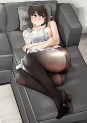Rule 34 | 1girl, absurdres, apron, ass, bare shoulders, black pantyhose, blush, breasts, brown eyes, brown hair, collarbone, couch, douki-chan (douki-chan), full body, ganbare douki-chan, heart, highres, legs together, looking to the side, lying, medium breasts, no shoes, nose blush, on back, on couch, pantyhose, pillow, pupi (rain prophet), short hair, sideboob, solo, thighs, white apron