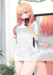 Rule 34 | 1girl, absurdres, ass, barbell piercing, bare legs, blonde hair, breasts, cellphone, ear piercing, earrings, gradient hair, grin, highres, holding, holding phone, industrial piercing, jewelry, kitagawa marin, long hair, looking at viewer, medium breasts, mirror, multicolored hair, multiple views, no pants, nonbire, panties, pantyshot, phone, piercing, pink hair, red eyes, reflection, selfie, shirt, smartphone, smile, sono bisque doll wa koi wo suru, t-shirt, taking picture, taut clothes, taut shirt, teeth, thighs, underwear, white shirt