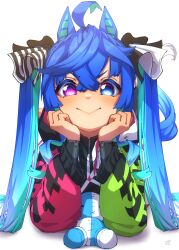 Rule 34 | 1girl, :&gt;, @ @, ahoge, animal ears, aqua hair, black bodysuit, blue eyes, blue hair, bodysuit, bodysuit under clothes, bow, closed mouth, commentary request, crossed bangs, hair between eyes, hair bow, hands on own cheeks, hands on own face, heterochromia, highres, hood, hoodie, horse ears, horse girl, horse tail, long hair, long sleeves, looking at viewer, multicolored clothes, multicolored hair, multicolored hoodie, purple eyes, sidelocks, signature, simple background, smile, solo, striped, striped bow, stuffed animal, stuffed rabbit, stuffed toy, tail, thin (suzuneya), twin turbo (umamusume), twintails, two-tone hair, umamusume, v-shaped eyebrows, white background