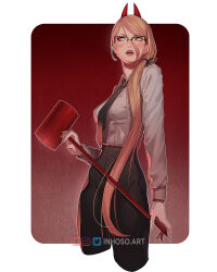 Rule 34 | 1girl, black necktie, black pants, blonde hair, border, breasts, chainsaw man, collared shirt, cowboy shot, cropped legs, demon girl, demon horns, glass, hair between eyes, hair over shoulder, holding, holding mallet, horns, inhoso, long hair, long sleeves, looking to the side, mallet, medium breasts, necktie, open mouth, orange eyes, pants, power (chainsaw man), red horns, sharp teeth, shirt, solo, teeth, watermark, web address, white border, white shirt