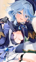Rule 34 | 1girl, absurdres, black gloves, blue hat, cleavage cutout, clothing cutout, furina (genshin impact), genshin impact, gloves, hat, highres, itohana, jacket, looking at viewer, open clothes, open jacket, smile, solo