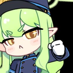 Rule 34 | 2girls, :&lt;, ^ ^, acomu414, animated, animated gif, armband, bad source, black jacket, blue archive, blue armband, buttons, chibi, clenched hand, closed eyes, commentary, double-breasted, foreshortening, gloves, green hair, green halo, halo, hat, hikari (blue archive), jacket, long hair, long sleeves, looking at viewer, looping animation, lowres, multiple girls, nozomi (blue archive), outstretched arm, peaked cap, pointy ears, punching, sidelocks, symbol-only commentary, train conductor, transparent background, twintails, upper body, v-shaped eyebrows, white gloves, yellow eyes