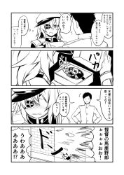 Rule 34 | +++, 10s, 1boy, 1girl, 4koma, :d, admiral (kancolle), blush, comic, commentary request, eyepatch, closed eyes, flying sweatdrops, gloves, greyscale, ha akabouzu, hands on own hips, highres, kantai collection, kiso (kancolle), long hair, long sleeves, military, military uniform, monochrome, open mouth, remodel (kantai collection), short hair, smile, translation request, uniform, wavy mouth