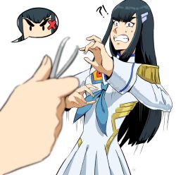 Rule 34 | !?, 1girl, 1other, black hair, blue eyes, blurry, clenched teeth, commentary, depth of field, dress, english commentary, epaulettes, francisco mon, highres, kill la kill, kiryuuin satsuki, long hair, long sleeves, motion lines, pleated dress, school uniform, solo focus, sweat, teeth, thick eyebrows, tweezers, white dress