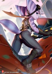 Rule 34 | 1girl, alien, animal ears, bodysuit, breasts, furry, goggles, highres, mechanical arms, motor vehicle, motorcycle, pakwan, ratchet &amp; clank, ratchet &amp; clank: rift apart, rivet (ratchet &amp; clank), scarf, single mechanical arm, striped tail, tail, thighhighs