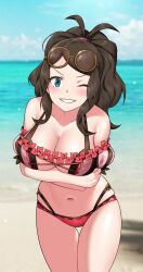 Rule 34 | 1girl, absurdres, alternate breast size, alternate costume, beach, bikini, blue eyes, blush, breasts, cleavage, commission, commissioner upload, cosplay, cowboy shot, creatures (company), eyewear on head, fire emblem, fire emblem: three houses, fire emblem heroes, game freak, glasses, highres, hilda (pokemon), hilda valentine goneril, hilda valentine goneril (cosplay), igni tion, large breasts, long hair, looking at viewer, md5 mismatch, midriff, name connection, nintendo, one eye closed, pink bikini, pokemon, pokemon bw, resolution mismatch, smile, solo, source smaller, swimsuit