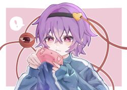 Rule 34 | !, 1girl, absurdres, black hairband, blue jacket, closed mouth, colored eyelashes, commentary request, controller, crossed bangs, fuua (fxae3875), game controller, hair between eyes, hairband, highres, holding, holding controller, holding game controller, jacket, komeiji satori, long sleeves, pink hair, purple hair, short hair, solo, spoken exclamation mark, third eye, touhou, track jacket
