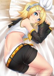 Rule 34 | 1girl, artist name, ass, back, bare back, bare shoulders, bed sheet, belt, black shorts, blush, closed mouth, clothes pull, crop top, detached sleeves, from behind, go-it, hair ornament, hair ribbon, hairclip, kagamine rin, long sleeves, looking at viewer, lying, on bed, on side, panties, pillow, ribbon, school uniform, serafuku, shirt, shorts, shorts pull, sleeveless, sleeveless shirt, smile, solo, swept bangs, tareme, thighs, underwear, vocaloid, watermark, web address, white panties, white ribbon, white shirt
