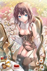 Rule 34 | 1girl, arm at side, bare shoulders, black bra, black panties, black thighhighs, blue eyes, blueberry, bra, breasts, cake, cake slice, chair, cherry, cleavage, closed mouth, commentary, cup, dessert, detached collar, dot nose, floral background, flower, food, frills, fruit, garter belt, garter straps, highres, legs together, lingerie, long sleeves, looking at viewer, miwabe sakura, original, outdoors, panties, pastry, pink nails, sitting, sleeves past wrists, smile, solo, steam, symbol-only commentary, table, thighhighs, underwear, white flower