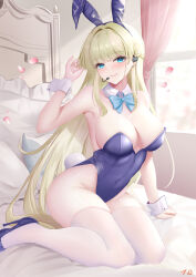 Rule 34 | 1girl, animal ears, armpits, bed, bed sheet, blonde hair, blue archive, blue bow, blue bowtie, blue eyes, blue footwear, blue leotard, blush, bow, bowtie, braid, breasts, closed mouth, curtains, detached collar, fake animal ears, fake tail, high heels, highres, indoors, large breasts, leotard, long hair, looking at viewer, nanoda002 (saber427), official alternate costume, petals, pillow, rabbit ears, rabbit tail, signature, smile, solo, strapless, strapless leotard, tail, thighhighs, toki (blue archive), toki (bunny) (blue archive), white thighhighs, window, wrist cuffs