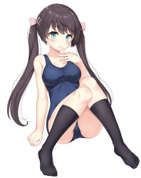 Rule 34 | 1girl, :o, azur lane, bare shoulders, black hair, black socks, blue eyes, blue one-piece swimsuit, blush, bow, breasts, collarbone, commentary request, full body, glasgow (azur lane), hair between eyes, hair bow, highres, kneehighs, knees together feet apart, long hair, looking at viewer, medium breasts, one-piece swimsuit, pink bow, school swimsuit, sidelocks, simple background, sitting, socks, solo, sweat, swimsuit, twintails, white background, yamasan