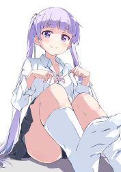 Rule 34 | 1girl, absurdres, blunt bangs, blush, closed mouth, collarbone, collared shirt, dress shirt, feet, foot out of frame, grey skirt, hair ornament, highres, long hair, looking at viewer, miniskirt, neck ribbon, new game!, pink ribbon, pleated skirt, purple eyes, purple hair, rauto, ribbon, shirt, simple background, sitting, skirt, smile, socks, soles, solo, suzukaze aoba, twintails, very long hair, white background, white shirt, white socks, wing collar