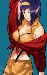 Rule 34 | blue background, blue hair, breasts, cleavage, collarbone, cowboy bebop, faye valentine, green eyes, hairband, highres, isshiki (ffmania7), large breasts, looking at viewer, midriff, navel, pants, shirt, short hair, signature, simple background, sleeveless, sleeveless shirt, solo, twitter username, yellow hairband, yellow pants, yellow shirt
