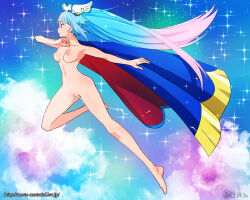 Rule 34 | 1girl, above clouds, barefoot, blue cape, blue eyes, blue hair, breasts, cape, censored, closed mouth, cloud, commentary, completely nude, cure sky, cut bangs, english commentary, from side, frown, ginko (silver fox), gradient hair, hirogaru sky! precure, jumping, leg up, long hair, medium breasts, mixed-language commentary, multicolored hair, navel, nipples, nude, outdoors, pink hair, precure, pussy, red cape, single sidelock, sky, solo, sora harewataru, star (sky), starry sky, two-sided cape, two-sided fabric, very long hair, watermark, web address, wing hair ornament