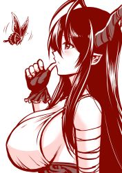 Rule 34 | 10s, 1girl, biting, breasts, bug, butterfly, danua, draph, finger biting, granblue fantasy, highres, horns, bug, kanno takanori, large breasts, long hair, monochrome, pointy ears, profile, sketch, solo
