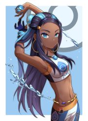 Rule 34 | 1girl, armlet, armpits, belly chain, black hair, blue eyes, blue hair, breasts, commentary request, creatures (company), dark-skinned female, dark skin, dive ball, earrings, game freak, gloves, gym leader, hair bun, holding, holding poke ball, hoop earrings, jewelry, long hair, looking at viewer, medium breasts, minami ikkei, multicolored hair, navel, necklace, nessa (pokemon), nintendo, poke ball, poke ball symbol, pokemon, pokemon swsh, single glove, single hair bun, solo, swimsuit, two-tone hair, water
