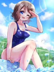 Rule 34 | 1girl, blue eyes, blue sky, blue one-piece swimsuit, breasts, chain-link fence, cleavage, cloud, competition swimsuit, day, fence, grey hair, highres, lens flare, love live!, love live! sunshine!!, medium breasts, one-piece swimsuit, one eye closed, outdoors, poolside, ritaso, short hair, sitting, sky, smile, soaking feet, solo, swimsuit, watanabe you, water