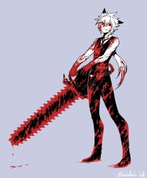 Rule 34 | 1boy, animal ears, blood, blood in hair, blood on clothes, blood on face, blood on hands, bloody weapon, centurion (elsword), chainsaw, chung seiker, closed mouth, dripping, elsword, grey background, greyscale, hair between eyes, highres, holding, holding chainsaw, loboazul loa, long hair, male focus, monochrome, necktie, red eyes, signature, simple background, sleeves rolled up, smile, smirk, solo, spot color, standing, twitter username, weapon