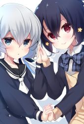Rule 34 | 10s, 2girls, black dress, black hair, black jacket, black sailor collar, blazer, blue bow, blue eyes, blush, bow, closed mouth, collared shirt, commentary request, dress, hair between eyes, hand up, head tilt, highres, holding hands, interlocked fingers, jacket, ko yu, konno junko, long hair, looking at viewer, low twintails, mizuno ai, multiple girls, neckerchief, open clothes, open jacket, parted lips, plaid, plaid bow, red eyes, sailor collar, sailor dress, shirt, silver hair, smile, twintails, very long hair, white neckerchief, white shirt, zombie land saga