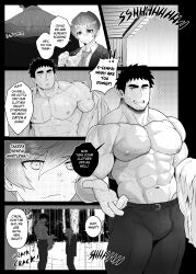 Rule 34 | 2boys, 4koma, abs, absurdres, bara, bare pectorals, beckoning, black hair, bulge, collared shirt, come hither, comic, facial hair, feet out of frame, genderswap, genderswap (ftm), goatee, greyscale, highres, igarashi futaba (shiromanta), large pectorals, male focus, mature male, monochrome, multiple boys, muscular, muscular male, navel, necktie, nipples, notice lines, outstretched hand, paid reward available, pectorals, purple necktie, rain, reaching, reaching towards viewer, robokeh, salaryman, scene reference, senpai ga uzai kouhai no hanashi, shirt, short hair, sideburns, size difference, stomach, stubble, takeda harumi (shiromanta), thick eyebrows, thick thighs, thighs, topless male, undressing, wet, wet clothes, wet shirt, yaoi