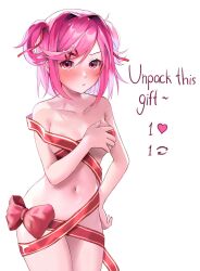 Rule 34 | 1girl, breasts, doki doki literature club, english text, hand on own hip, highres, like and retweet, looking at viewer, machulanko, medium breasts, meme, natsuki (doki doki literature club), navel, pink eyes, pink hair, short hair, solo, twitter strip game (meme), white background