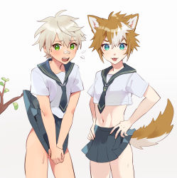 Rule 34 | 2boys, absurdres, animal ears, bandaid, bandaid on face, bandaid on nose, bennett (genshin impact), blonde hair, blue eyes, blue skirt, branch, covering privates, covering crotch, crossdressing, flying sweatdrops, fox ears, fox tail, genshin impact, gorou (genshin impact), green eyes, grey hair, hands on own hips, highres, itsme takk, looking at viewer, male focus, midriff, multiple boys, navel, necktie, pleated skirt, sailor collar, school uniform, serafuku, short hair, simple background, skirt, standing, tail, tongue, tongue out, trap