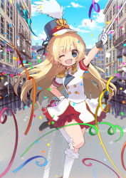 Rule 34 | 1girl, ;d, balcony, band uniform, baton, black footwear, blonde hair, blue eyes, blue sky, building, child, cloud, confetti, day, epaulettes, gloves, hand on own hip, hat, highres, kneehighs, march, mareep15, one eye closed, open mouth, original, outdoors, shoes, sky, smile, socks, solo, standing, white gloves, white socks