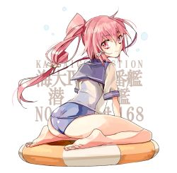 Rule 34 | 10s, 1girl, barefoot, character name, copyright name, from behind, highres, hinabu, i-168 (kancolle), kantai collection, long hair, looking at viewer, looking back, personification, pink eyes, pink hair, school swimsuit, school uniform, serafuku, sitting, solo, swimsuit, wariza