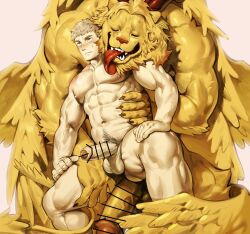 Rule 34 | 2boys, abs, absurdres, bar censor, bara, blonde hair, censored, claws, closed eyes, commentary, completely nude, demon horns, dungeon meshi, english commentary, erection, foreskin, furry, furry with non-furry, hand on own leg, highres, holding, horns, hug, hug from behind, huge penis, interspecies, laios touden, large pectorals, licking, licking pectoral, light blush, lion, lion boy, male focus, multiple boys, muscular, muscular male, navel, navel hair, nipples, nude, pectorals, penis, penis size difference, size difference, stomach, strongman waist, sweat, uza (hellme), white background, winged lion (dungeon meshi), yaoi, yellow eyes
