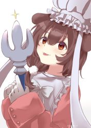 Rule 34 | 1girl, animal ears, bad id, bad twitter id, blush, brown eyes, brown hair, chef hat, commentary request, cosplay, dog ears, final fantasy, final fantasy ix, fork, gloves, hat, highres, hololive, inugami korone, kusunoki r, long sleeves, quina quen, quina quen (cosplay), simple background, solo, tongue, tongue out, upper body, virtual youtuber, white background, white gloves