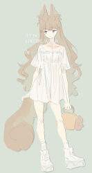 Rule 34 | 1girl, animal ear fluff, animal ears, artist name, brown eyes, brown hair, cat ears, cat girl, cat tail, closed mouth, commentary request, dress, full body, green background, holding, kinutani yutaka, long hair, looking at viewer, original, puffy short sleeves, puffy sleeves, shoes, short dress, short sleeves, simple background, sneakers, solo, standing, tail, very long hair, wavy hair, white dress, white footwear