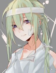 Rule 34 | 1boy, bandaged head, bandages, bandaid, bandaid on face, blue eyes, commentary request, enkidu (fate), fate/grand order, fate (series), green hair, grey background, hair between eyes, hospital gown, kingu (fate), long hair, looking at viewer, male focus, pill, portrait, ribbon, shakya., solo, syringe, white ribbon