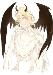 Rule 34 | 1girl, angel wings, bare shoulders, black wings, blonde hair, blue eyes, blush, breasts, cleavage, closed mouth, demon horns, detached collar, dress, elbow gloves, feathered wings, full body, gloves, high heels, horns, leaning forward, long hair, lpip, medium breasts, no socks, original, shoes, signature, simple background, skirt hold, smile, solo, standing, strapless, strapless dress, tsurime, wavy hair, white background, white dress, white footwear, white gloves, white theme, wings