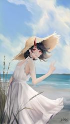 Rule 34 | absurdres, adventurequest, armpits, artist name, artix entertainment, beach, black hair, blue sky, cloud, dress, english text, fa (adventurequest worlds), grass, hat, highres, horns, looking back, red eyes, short hair, signature, single horn, sky, straw hat, twitter username, v, water, wheat, white dress