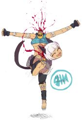 Rule 34 | 1girl, animal ears, bare shoulders, barefoot, blood, breasts, cat ears, cat tail, character name, closed eyes, dark skin, decapitation, detachable head, disembodied head, fang, fingerless gloves, gloves, headless, lab zero games, midriff, ms. fortune (skullgirls), navel, open mouth, scar, skullgirls, smile, t66sobakasu, tail, underboob
