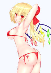 Rule 34 | 1girl, armpits, ass, bare arms, bare shoulders, bikini, blonde hair, blush, breasts, cowboy shot, flandre scarlet, hair between eyes, highres, kurenai (anohitop), looking at viewer, looking to the side, open mouth, side-tie bikini bottom, solo, swimsuit, touhou, wings