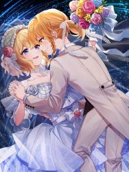 Rule 34 | 2girls, alice margatroid, alternate costume, blonde hair, blue eyes, blush, bouquet, braid, bridal veil, bride, closed mouth, collarbone, commentary request, dress, enoki 3106, female focus, flower, frills, hair ribbon, headband, highres, holding, holding bouquet, holding hands, jewelry, kirisame marisa, matching hair/eyes, multiple girls, off-shoulder dress, off shoulder, ponytail, ribbon, ring, short ponytail, single braid, smile, touhou, tuxedo, veil, vest, wedding band, wedding dress, white dress, white headband, white ribbon, wife and wife, yellow eyes, yuri
