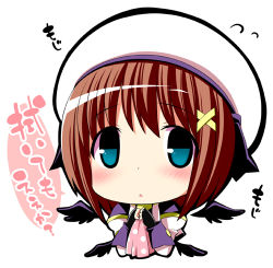 Rule 34 | 1girl, bad id, bad pixiv id, black wings, blue eyes, blush, brown hair, chibi, fingerless gloves, gloves, hair ornament, hat, lowres, lyrical nanoha, mahou shoujo lyrical nanoha, mahou shoujo lyrical nanoha a&#039;s, multiple wings, solo, upper body, watanon (gakushokutei), wings, x hair ornament, yagami hayate