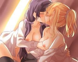 Rule 34 | 10s, 2girls, arm around waist, ayase eli, black legwear, blush, grabbing another&#039;s breast, breasts, closed eyes, grabbing, hair ornament, hair scrunchie, kiss, long sleeves, love live!, love live! school idol project, low twintails, medium breasts, mogu (au1127), multiple girls, naked shirt, nipples, open clothes, open shirt, ponytail, purple hair, purple scrunchie, scrunchie, shirt, sidelocks, sweat, thighhighs, tojo nozomi, twintails, white scrunchie, white shirt, yuri
