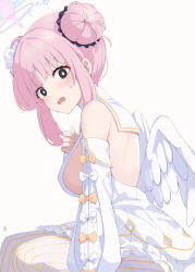 Rule 34 | 1girl, absurdres, angel wings, back cutout, black scrunchie, blue archive, blush, breasts, bright pupils, capelet, clothing cutout, detached sleeves, dress, feathered wings, feza chen (ushaku), frilled ribbon, frills, hair bun, hair ornament, halo, highres, large breasts, looking at viewer, low wings, mika (blue archive), open mouth, pink hair, pink halo, ribbon, scrunchie, sideboob, simple background, solo, striped clothes, striped thighhighs, thighhighs, white capelet, white dress, white pupils, white wings, wings, wrist scrunchie