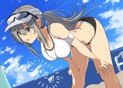 Rule 34 | 1girl, armband, bent over, blue eyes, cloud, dutch angle, glasses, grey hair, hat, long hair, original, parted lips, ponytail, sidelocks, sky, solo, sports bra, sweat, swimsuit, translation request, water, yugami gooshu